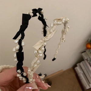 French vintage pearl bow headbands set in classic black and creamy white elegant satin