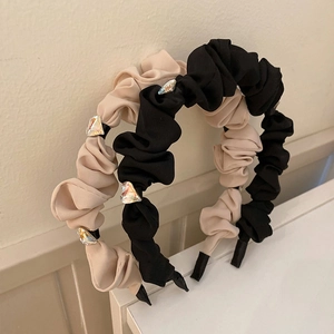 Korean Style Pleated Scrunchie Headband For Women Elegant PC Heart Rhinestone Puffy Fabric Covered Hair Band Fashion Accessory