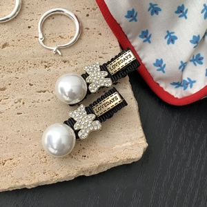 French Vintage Rhinestone Bear Faux Artificial Pearl Hair Clip Black Ribbon Duckbill Clip For Women Sweet Fashion Hair Accessories