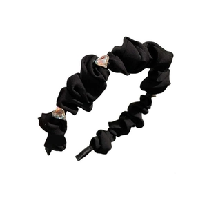 Elegant black pleated cloud headband with crystal heart accents for women's hairstyle