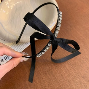 Elegant Black Satin Bow Headband With Rhinestone Embellishment Long Streamer Korean Style Sweet Hair Accessory For Women