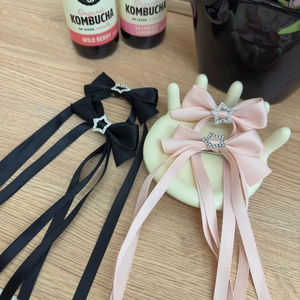 Barrettes à cheveux à nœuds en satin avec strass en étoile argentée noir et rose
