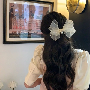 French Elegant Large Organza Bow Hair Clip With Artificial Pearl Vintage Mesh Multilayer Spring Clip For Women Wedding Party Accessory