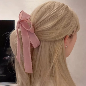 Pink ribbon bow banana clip for high ponytail styles on blonde hair, sweet French style