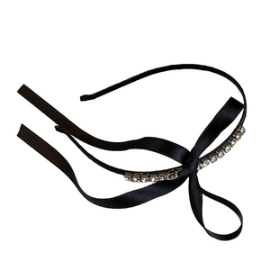 Elegant black satin headband with crystal rhinestones and long bow ribbon streamers