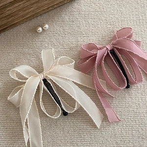 French style ribbon bow banana hair clip in pink and beige for elegant ponytail hairstyles