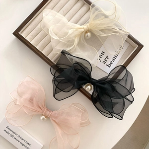 Three-piece set of French organza bow hair clips with pearls in white, black, and pink
