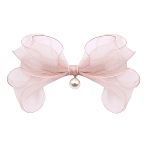Elegant light pink double-layer tulle bow hair clip with a hanging pearl pendant