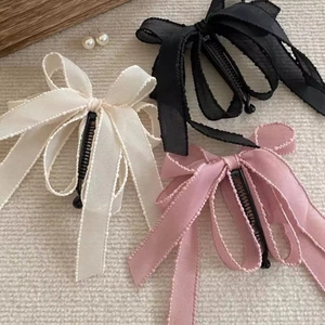 French Style Ribbon Bow Banana Clip Retro High Ponytail Hair Clip Elegant Sweet Bowknot Vertical Hairpin For Women Hair Accessories