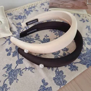French Padded Headband With Artificial Pearl Satin Thickened Hair Hoop For Women Hair Accessories High Top Styling Headband