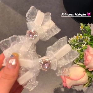 Douce Barrette à Cheveux Nœud en Dentelle Blanche Ruban de Tissu Élégant Strass Cœur Épingle à Cheveux Princesse pour Femme
