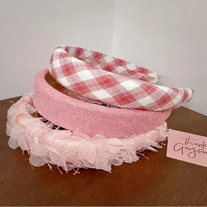 Serre-tête Rembourré Rose pour Femmes Vintage Plaid Tulle Plissé Cerceau de Cheveux Haut Épaissi Large Éponge Accessoires Cheveux