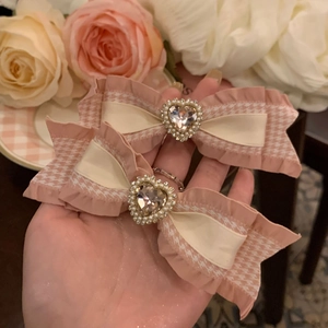 Barrette à Nœud Rose Doux Cœur Strass Perle Artificielle Tissu Pied-de-Poule Pince Bec de Canard Accessoires Cheveux Femme