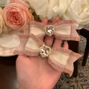 Pinces à cheveux avec cristal coeur rose, nœuds vichy doux et bordure en dentelle
