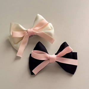 Barrettes à cheveux à double nœud en satin de style français, coloris rose, blanc et noir