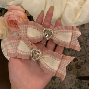 Barrettes à cheveux à nœud pied-de-poule rose avec cristal cœur et perles pour femme