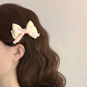 Barrette à nœud contrasté style français en ruban crème et rose pour femme