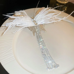 Detailansicht der Schmetterling-Haarklammer mit weißen Federn und funkelnden Strass-Quasten