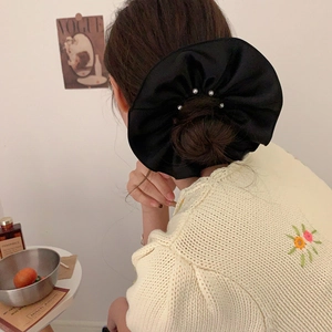 Elegant oversized black satin scrunchie with white faux pearls for stylish updos