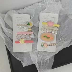French Style Resin Flower Hair Clips For Women Sweet Tulip Rose Camellia Heart Duckbill Clips Korean Artificial Pearl Hair Accessories