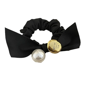 French vintage black satin bow hair tie with large pearl and gold engraved charm