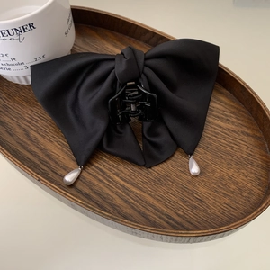 Élégante Pince à Cheveux Grand Noeud en Satin Noir Avec Pendentif Künstliche Perle Accessoires de Coiffure Style Princesse Française