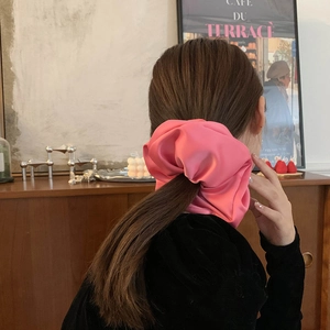 Elegante elastico grande in raso rosa mostrato in una coda di cavallo alla moda per donne
