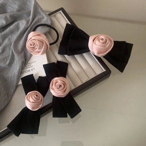 Handmade Fabric Satin Pink Rose Black Bowknot Hair Clip And Hair Tie Retro Sweet Flower Hair Accessories For Women