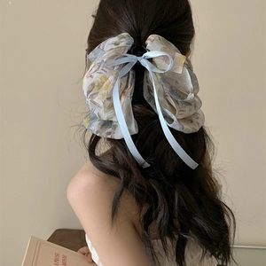 French Floral Bow Ribbon Hair Claw Clip Large Chiffon Fabric Streamer Shark Clip For Women Elegant Sweet Hair Accessories