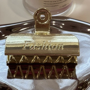 Macro di una molletta per capelli in metallo dorato con logo Fashion inciso sulla superficie