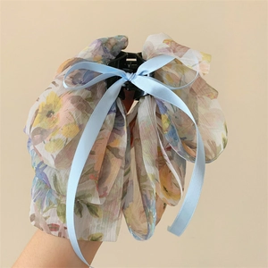 Elegant floral chiffon bow hair claw clip with long streamers for women hairstyles
