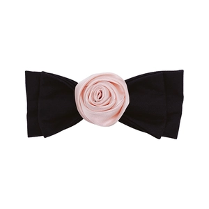 Elegant black layered fabric bow hair clip with a delicate pink satin rose flower