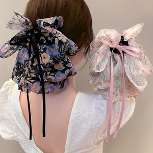 Pince Crabe à Cheveux Grand Nœud en Mousseline à Fleurs Avec Longs Rubans Style Coréen Doux Accessoires Cheveux Femme