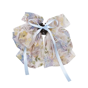 Floral chiffon bow hair claw clip with light blue ribbon and elegant French style