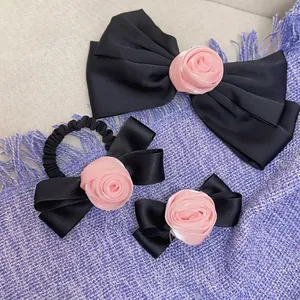Eleganti Fermagli per Capelli con Fiocco e Rosa in Raso per Donna Ragazza Stile Coreano Nero Rosa Elastico per Capelli Fatto a Mano Clip a Becco d'Anatra Clip a Molla Accessori per Capelli