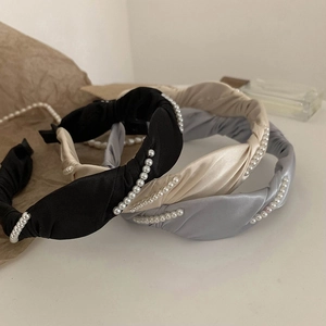 Elegant pearl twisted satin headband set in black, beige and grey for women
