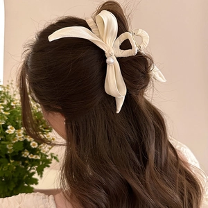 Pince à Cheveux Élégante Française Avec Grand Nœud en Satin Clip Requin Avec Pendentif Künstliche Perle Accessoires de Coiffure pour Femmes