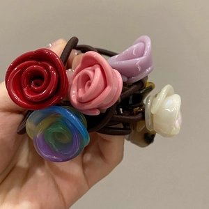 Assorted colorful resin rose hair ties with high-elastic bands for elegant ponytails