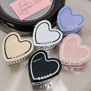 Heart Hair Claw Clip Vintage Acetate Faux Artificial Pearl Hair Catch For Women Non Slip Shark Clip Contrast Outline Sweet Accessories