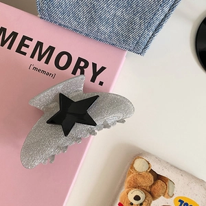 Y2K Sparkly Star Acetate Hair Claw Clip Silver Gray Glitter Pentagram Large Hair Catch Barrette For Women Cool Sweet Hair Accessories