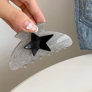 Y2K silver glitter hair claw clip with black star design for thick hair styling