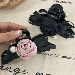 Grande Pince à Cheveux Fleur de Rose Nœud en Ruban Satin Avec Fausse Künstliche Perle Accessoires de Coiffure Élégants pour Femmes