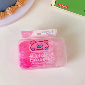 Detailansicht von 100 bunten hochelastischen Kinderhaargummis in einer Cartoon-Schweinebox
