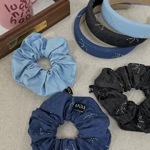 French vintage denim headband and scrunchie set with silver sequins for women