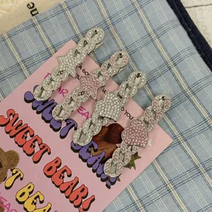 Silver Y2K Cuban chain star and heart hair clips with pink and white rhinestones