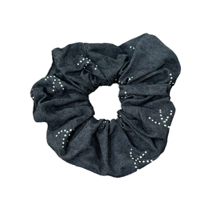 French vintage dark blue denim scrunchie with white starburst pattern and thick texture