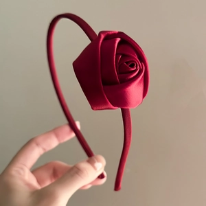 French vintage dark red satin rose headband with elegant 3D floral design for women