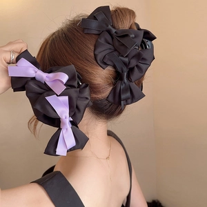 Large Satin Bow Hair Claw Clip Elegant Korean Style Ribbon Shark Hairpin Double Layer Bowknot Hair Accessories For Women