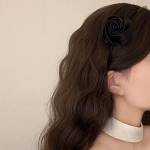 Elegant black satin rose headband for women with a vintage French aesthetic