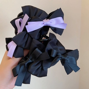 Elegant large double-layered bow shark hair clips in purple and black satin fabric